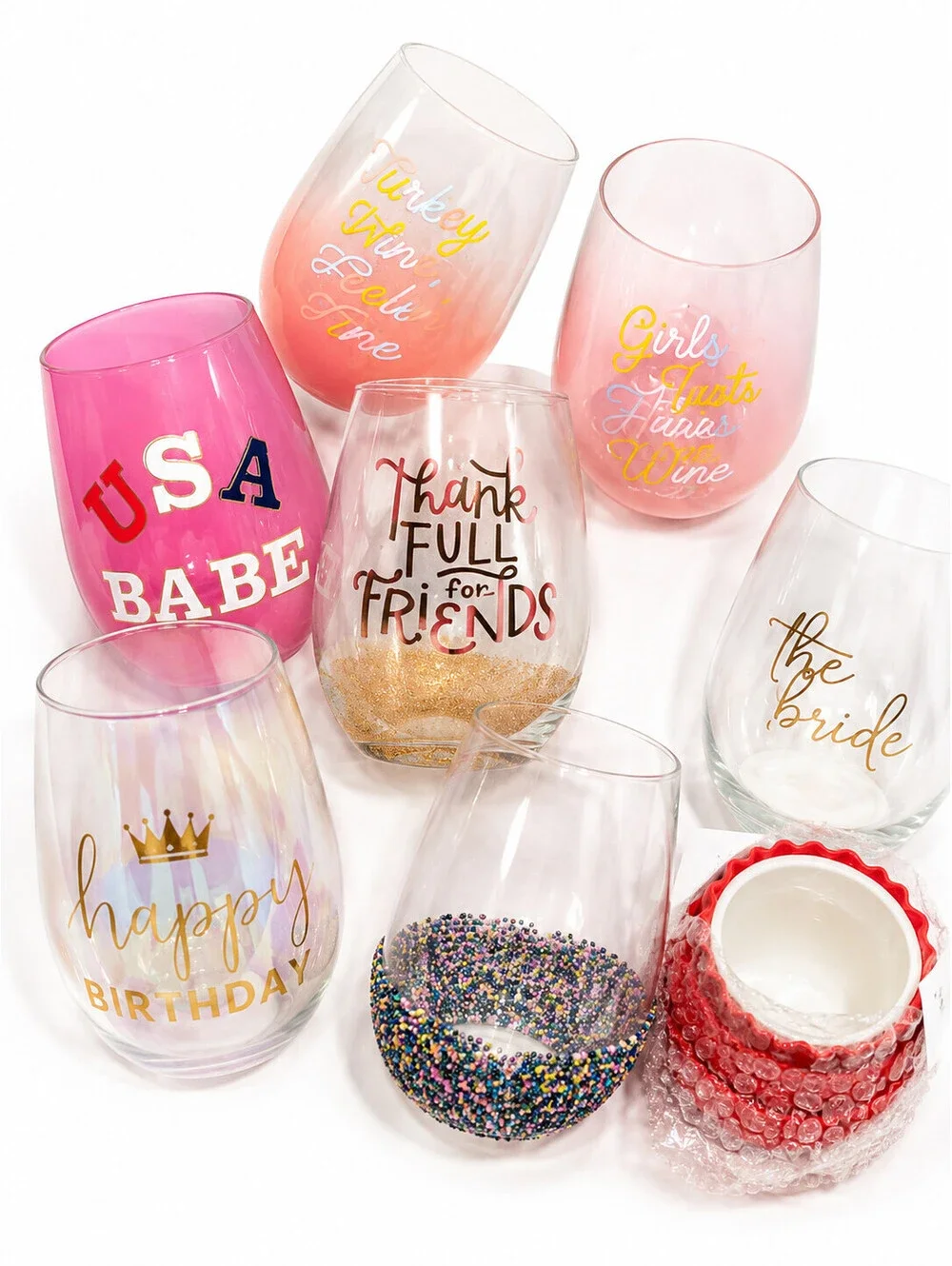 3 Pc Box Stemless Wine Glasses - Random Designs New No Duplicates Fun